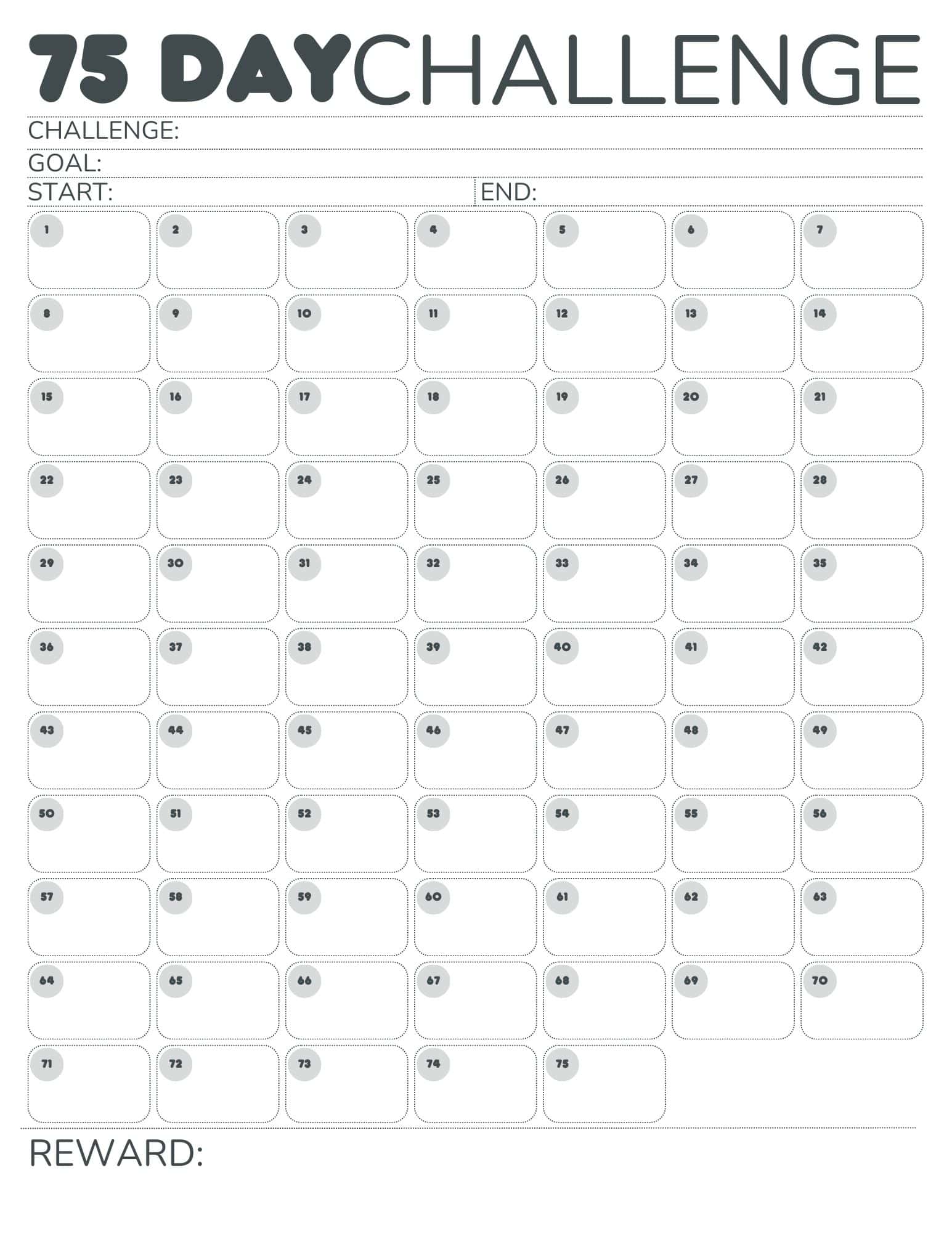 free printable 75-day challenge calendar for 75 hard, 75 medium